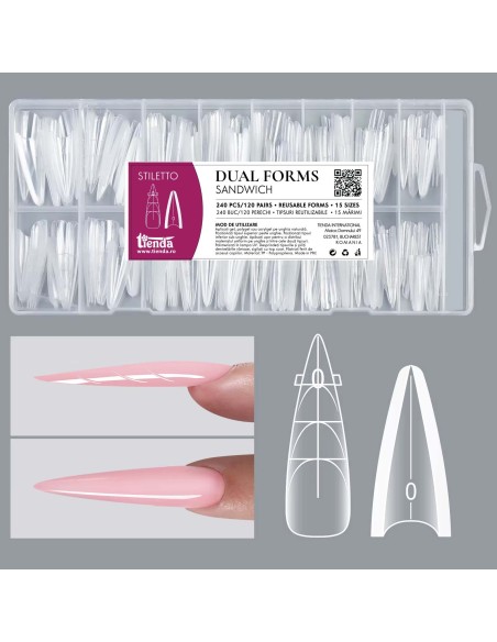 Dual Forms Sandwich STILETTO set 240 buc, 15 mărimi tipsuri reutilizabile