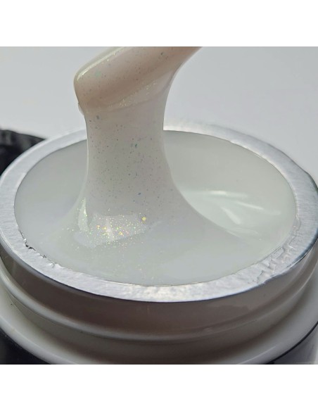 Builder Gel Viva La Tienda – Aurora 01 Sparkling Milky 30ml – alb-lăptos cu sclipici, autonivelant, rezistență ridicată, pentru construcție solidă și manichiuri feminine