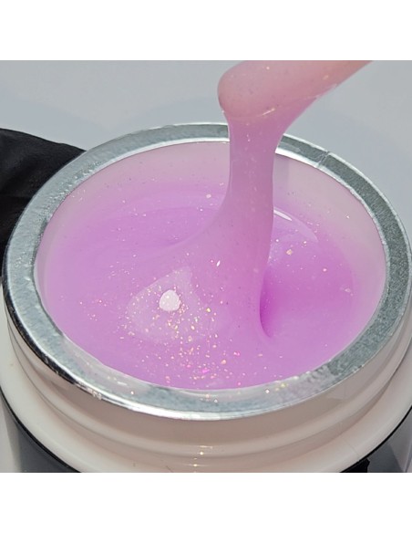 Builder Gel Viva La Tienda – Aurora 04 Violet Kiss 15ml – violet pastel cu sclipici roz, autonivelant, rezistență ridicată, pentru extensii durabile și look rafinat