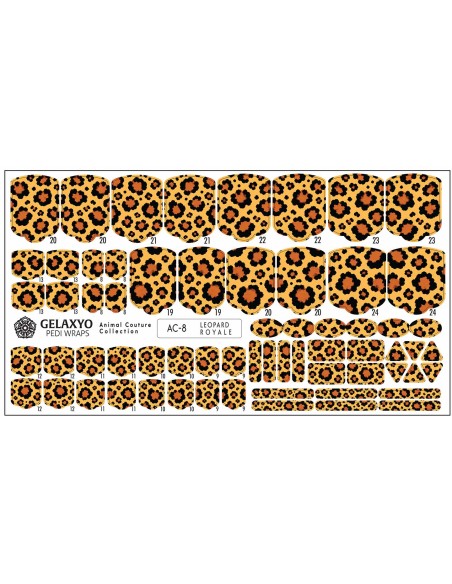 PEDI WRAPS ANIMAL COUTURE AC-8 GELAXYO CU 38 DE WRAPURI, 26 DECORAȚIUNI, PILĂ, BEȚIȘOR ȘI MINIRIGLĂ INCLUSE - model animal print leopard în nuanțe aurii, cu un aspect luxos și atemporal.