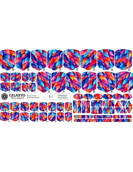PEDI WRAPS ESTIVAL 1 GELAXYO CU 38 DE WRAPURI, 26 DECORAȚIUNI, PILĂ, BEȚIȘOR ȘI MINIRIGLĂ INCLUSE - Design vibrant cu pene multicolore, ce evocă energia și eleganța păsării Phoenix