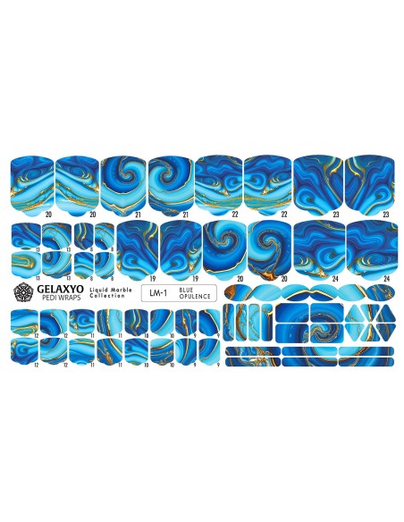 PEDI WRAPS LIQUID MARBLE LM-1 GELAXYO CU 38 DE WRAPURI, 26 DECORAȚIUNI, PILĂ, BEȚIȘOR ȘI MINIRIGLĂ INCLUSE - Marmură lichidă albastră cu accente aurii elegante.