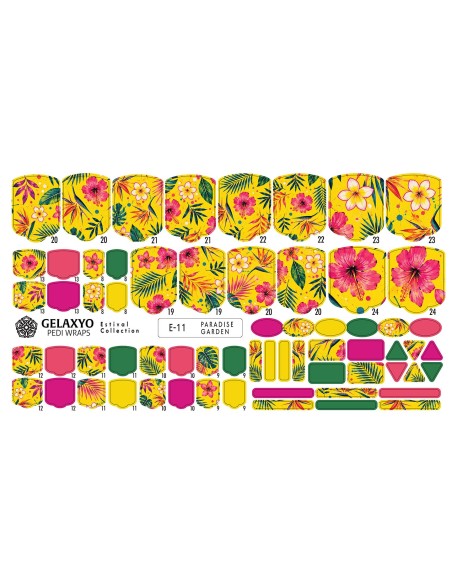 PEDI WRAPS ESTIVAL E-11 GELAXYO CU 38 DE WRAPURI, 26 DECORAȚIUNI, PILĂ, BEȚIȘOR ȘI MINIRIGLĂ INCLUSE - O explozie de flori tropicale și frunze exotice, scăldate în nuanțe solare