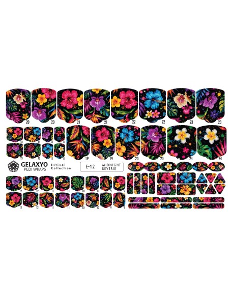 PEDI WRAPS ESTIVAL E-12 GELAXYO CU 38 DE WRAPURI, 26 DECORAȚIUNI, PILĂ, BEȚIȘOR ȘI MINIRIGLĂ INCLUSE - Un paradis tropical nocturn, unde culorile intense strălucesc spectaculos