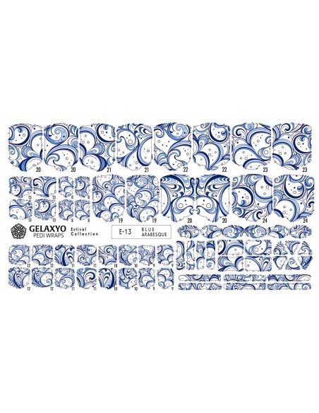 PEDI WRAPS ESTIVAL E-13 GELAXYO CU 38 DE WRAPURI, 26 DECORAȚIUNI, PILĂ, BEȚIȘOR ȘI MINIRIGLĂ INCLUSE - O compoziție rafinată, inspirată de valuri line și arabescuri diafane.