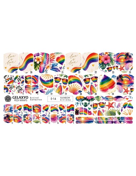 PEDI WRAPS ESTIVAL E-14 GELAXYO CU 38 DE WRAPURI, 26 DECORAȚIUNI, PILĂ, BEȚIȘOR ȘI MINIRIGLĂ INCLUSE - O poveste de vară în culori curcubeu, cu accente tropicale și spirit liber.