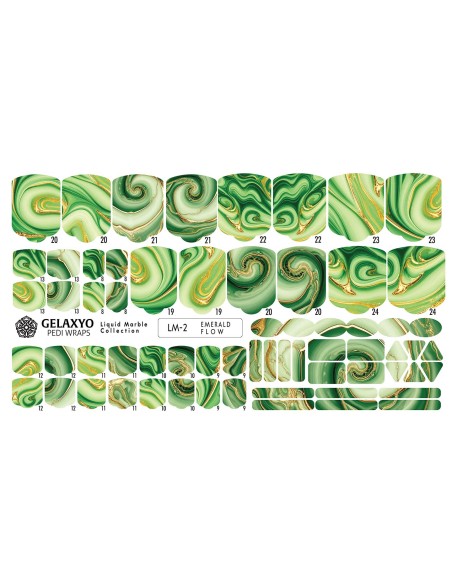 PEDI WRAPS LIQUID MARBLE LM-2 GELAXYO CU 38 DE WRAPURI, 26 DECORAȚIUNI, PILĂ, BEȚIȘOR ȘI MINIRIGLĂ INCLUSE - Marmură lichidă albastră cu accente aurii elegante.