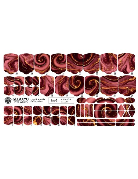 PEDI WRAPS LIQUID MARBLE LM-3 GELAXYO CU 38 DE WRAPURI, 26 DECORAȚIUNI, PILĂ, BEȚIȘOR ȘI MINIRIGLĂ INCLUSE - Un model intens și sofisticat, în care tonurile rubinii se contopesc cu accente aurii.