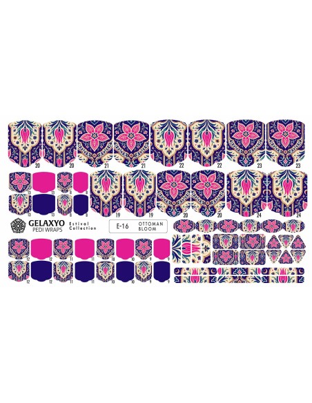 PEDI WRAPS ESTIVAL E-16 GELAXYO CU 38 DE WRAPURI, 26 DECORAȚIUNI, PILĂ, BEȚIȘOR ȘI MINIRIGLĂ INCLUSE - Un design prețios, inspirat de mozaicuri, flori stilizate și luxul oriental