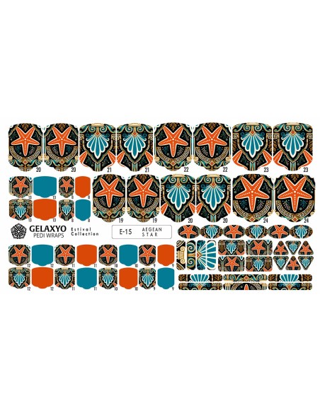 PEDI WRAPS ESTIVAL E-15 GELAXYO CU 38 DE WRAPURI, 26 DECORAȚIUNI, PILĂ, BEȚIȘOR ȘI MINIRIGLĂ INCLUSE - O combinație solară de turcoaz, coral și auriu, cu aer mediteranean
