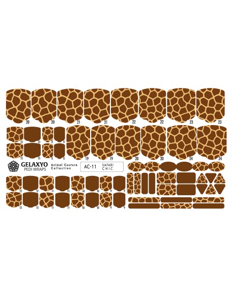 PEDI WRAPS ANIMAL COUTURE AC-11 GELAXYO CU 38 DE WRAPURI, 26 DECORAȚIUNI, PILĂ, BEȚIȘOR ȘI MINIRIGLĂ INCLUSE - Pattern inspirat de eleganța blănii de girafă, în tonuri calde de caramel și bej