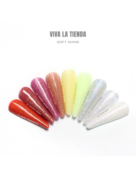 Polygel Viva La Tienda – Soft Shine 23 White Aurora 30ml – alb cu sclipici roz, nu se lipește de pensulă, se pilește ușor, pentru construcție și modelare cu strălucire fină