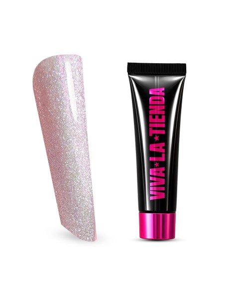 Polygel Viva La Tienda – Soft Shine 20 Rose Glow 15ml – alb cu sclipici multicolor, nu se lipește de pensulă, se pilește ușor, pentru construcție și modelare cu strălucire fină