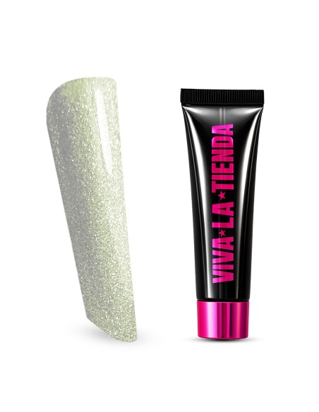 Polygel Viva La Tienda – Soft Shine 22 Crystal Ice 15ml – alb cu sclipici auriu, nu se lipește de pensulă, se pilește ușor, pentru construcție și modelare cu strălucire fină