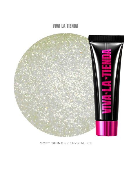 Polygel Viva La Tienda – Soft Shine 22 Crystal Ice 15ml – alb cu sclipici auriu, nu se lipește de pensulă, se pilește ușor, pentru construcție și modelare cu strălucire fină