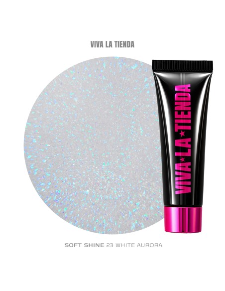 Polygel Viva La Tienda – Soft Shine 23 White Aurora 30ml – alb cu sclipici roz, nu se lipește de pensulă, se pilește ușor, pentru construcție și modelare cu strălucire fină