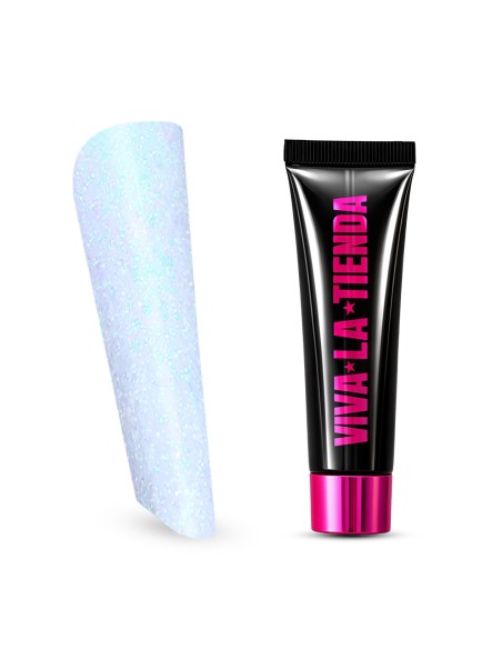 Polygel Viva La Tienda – Soft Shine 23 White Aurora 15ml – alb cu sclipici turcoaz, nu se lipește de pensulă, se pilește ușor, pentru construcție și modelare cu strălucire fină
