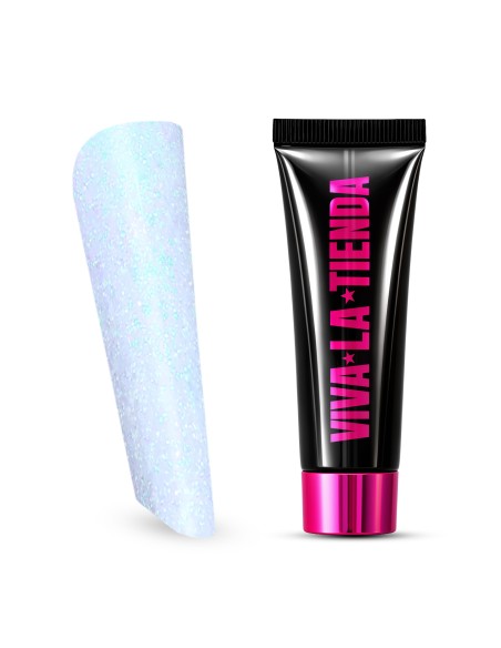 Polygel Viva La Tienda – Soft Shine 23 White Aurora 30ml – alb cu sclipici roz, nu se lipește de pensulă, se pilește ușor, pentru construcție și modelare cu strălucire fină