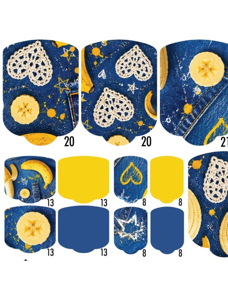 PEDI WRAPS ESTIVAL E-17 GELAXYO CU 38 DE WRAPURI, 26 DECORAȚIUNI, PILĂ, BEȚIȘOR ȘI MINIRIGLĂ INCLUSE - Un design plin de culoare, care aduce împreună denimul și bananele într-o combinație surprinzătoare