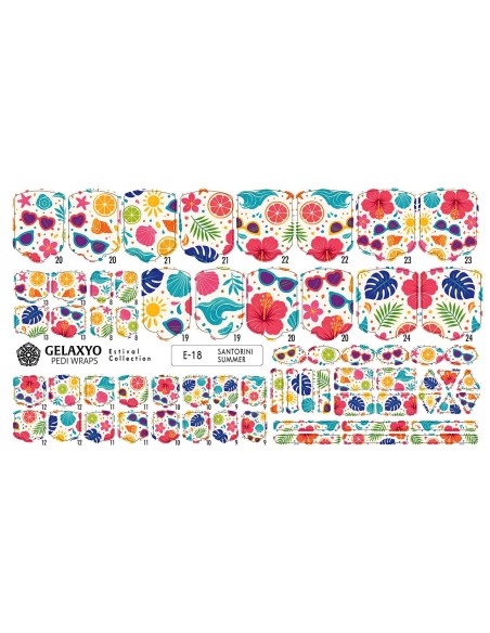 PEDI WRAPS ESTIVAL E-18 GELAXYO CU 38 DE WRAPURI, 26 DECORAȚIUNI, PILĂ, BEȚIȘOR ȘI MINIRIGLĂ INCLUSE - Un mix armonios de flori, citrice și elemente marine, creat pentru iubitoarele verii.