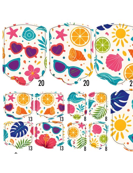 PEDI WRAPS ESTIVAL E-18 GELAXYO CU 38 DE WRAPURI, 26 DECORAȚIUNI, PILĂ, BEȚIȘOR ȘI MINIRIGLĂ INCLUSE - Un mix armonios de flori, citrice și elemente marine, creat pentru iubitoarele verii.