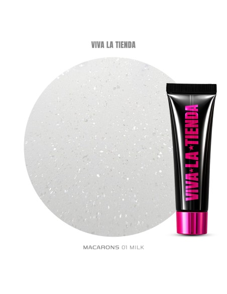 Polygel Viva La Tienda – MACARONS 01 15ml Milk – alb cu sclipici extrafin, aderență puternică