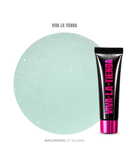 Polygel Viva La Tienda – MACARONS 07 15ml Island – turcoaz cu sclipici extrafin, aderență puternică