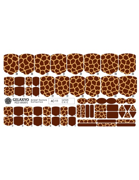 PEDI WRAPS ANIMAL COUTURE AC-11 GELAXYO CU 38 DE WRAPURI, 26 DECORAȚIUNI, PILĂ, BEȚIȘOR ȘI MINIRIGLĂ INCLUSE - Pattern inspirat de eleganța blănii de girafă, în tonuri calde de caramel și bej