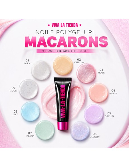 Polygel Viva La Tienda – MACARONS 08 15ml Sky – albastru pastel cu sclipici extrafin, aderență puternică