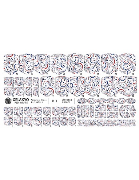 PEDI WRAPS PORCELAIN LINES PL-1 GELAXYO CU 38 DE WRAPURI, 26 DECORAȚIUNI, PILĂ, BEȚIȘOR ȘI MINIRIGLĂ INCLUSE - arabescuri albastre și detalii roșii, pentru o pedichiură cu personalitate și rafinament.