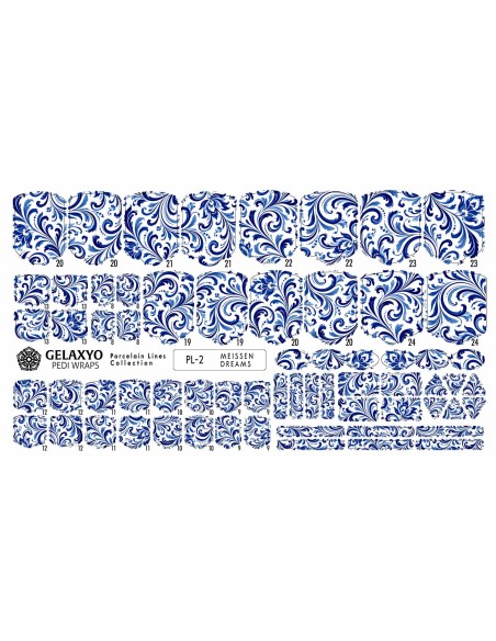 PEDI WRAPS PORCELAIN LINES PL-2 GELAXYO CU 38 DE WRAPURI, 26 DECORAȚIUNI, PILĂ, BEȚIȘOR ȘI MINIRIGLĂ INCLUSE - ornamente albastre bogate și detalii florale creează o pedichiură cu eleganță clasică și farmec european