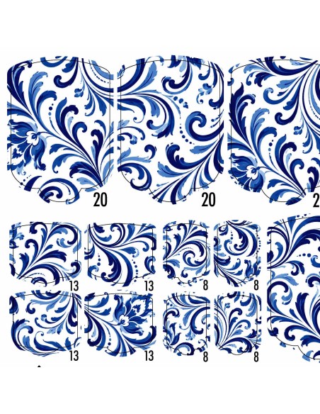 PEDI WRAPS PORCELAIN LINES PL-2 GELAXYO CU 38 DE WRAPURI, 26 DECORAȚIUNI, PILĂ, BEȚIȘOR ȘI MINIRIGLĂ INCLUSE - ornamente albastre bogate și detalii florale creează o pedichiură cu eleganță clasică și farmec european