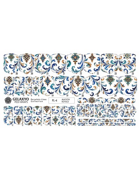 PEDI WRAPS PORCELAIN LINES PL-4 GELAXYO CU 38 DE WRAPURI, 26 DECORAȚIUNI, PILĂ, BEȚIȘOR ȘI MINIRIGLĂ INCLUSE - Arabescuri fluide și medalioane ornamentale transformă fiecare unghie într-o bijuterie