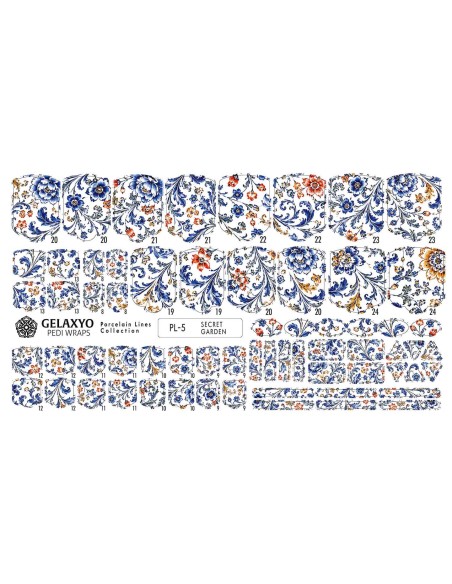 PEDI WRAPS PORCELAIN LINES PL-5 GELAXYO CU 38 DE WRAPURI, 26 DECORAȚIUNI, PILĂ, BEȚIȘOR ȘI MINIRIGLĂ INCLUSE - Un decor floral luxuriant, inspirat de porțelanurile pictate manual.
