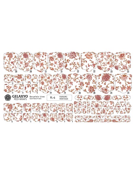 PEDI WRAPS PORCELAIN LINES PL-6 GELAXYO CU 38 DE WRAPURI, 26 DECORAȚIUNI, PILĂ, BEȚIȘOR ȘI MINIRIGLĂ INCLUSE - Un model delicat, inspirat de ramurile înflorite ale porțelanurilor japoneze.