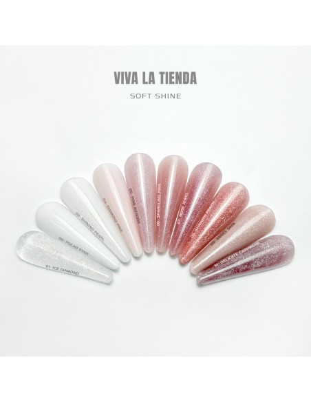 Polygel Viva La Tienda – Soft Shine 24 Golden Glitz 15ml – peach cu sclipici fin auriu, nu se lipește de pensulă, se pilește ușor, pentru construcție și modelare cu strălucire fină