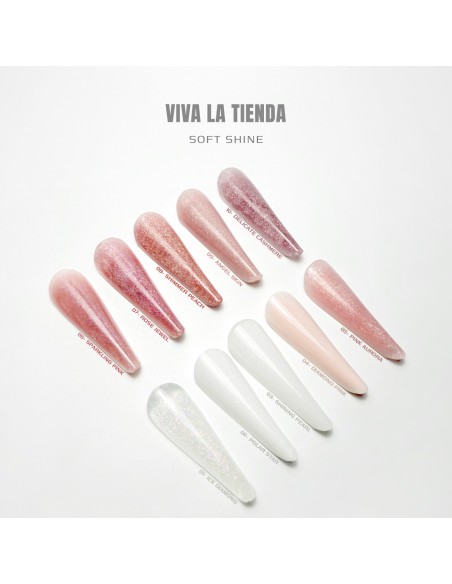 Polygel Viva La Tienda – Soft Shine 24 Golden Glitz 15ml – peach cu sclipici fin auriu, nu se lipește de pensulă, se pilește ușor, pentru construcție și modelare cu strălucire fină