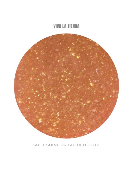 Polygel Viva La Tienda – Soft Shine 24 Golden Glitz 15ml – peach cu sclipici fin auriu, nu se lipește de pensulă, se pilește ușor, pentru construcție și modelare cu strălucire fină