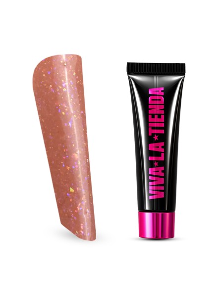Polygel Viva La Tienda – Soft Shine 27 Sunset Dust 15ml – nude cu sclipici fin multicolor, nu se lipește de pensulă, se pilește ușor, pentru construcție și modelare cu strălucire fină