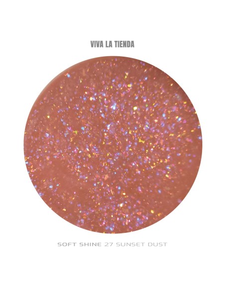 Polygel Viva La Tienda – Soft Shine 27 Sunset Dust 15ml – nude cu sclipici fin multicolor, nu se lipește de pensulă, se pilește ușor, pentru construcție și modelare cu strălucire fină