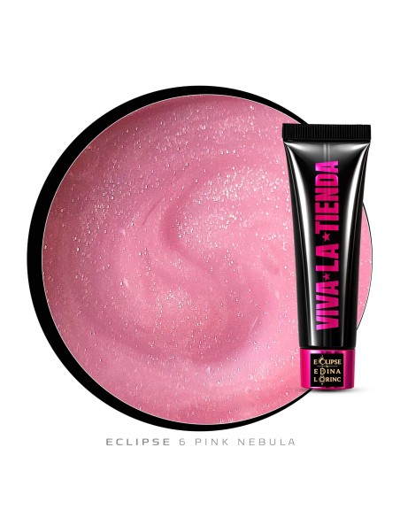 Polygel Viva La Tienda – Eclipse 06 Pink Nebula 15ml – roz cu sclipici fin argintiu, aderență puternică, pentru manichiuri de mireasă și ocazii elegante