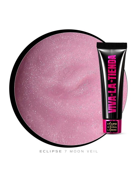 Polygel Viva La Tienda – Eclipse 07 Moon Veil 15ml by Edina Lörinc – roz cu sclipici fin argintiu, aderență puternică, pentru manichiuri de mireasă și ocazii elegante