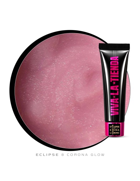 Polygel Viva La Tienda – Eclipse 08 Corona Glow 15ml by Edina Lörinc – roz cu sclipici fin argintiu, aderență puternică, pentru manichiuri de mireasă și ocazii elegante