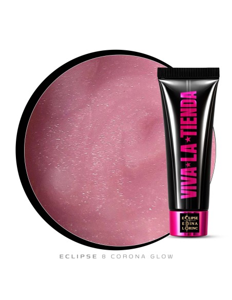Polygel Viva La Tienda – Eclipse 08 Corona Glow 30ml by Edina Lörinc – roz cu sclipici fin argintiu, aderență puternică, pentru manichiuri de mireasă și ocazii elegante