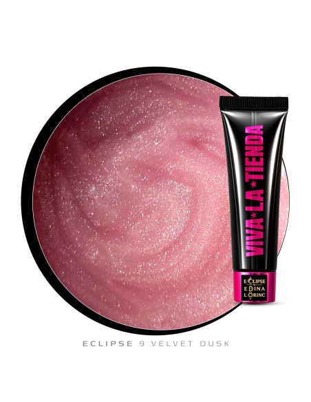 Polygel Viva La Tienda – Eclipse 09 Velvet Dusk 15ml by Edina Lörinc – roz cu sclipici fin argintiu, aderență puternică, pentru manichiuri de mireasă și ocazii elegante