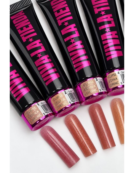 Polygel Viva La Tienda – Eclipse 01 Blood Moon 30ml by Edina Lörinc – roz-nude cu sclipici fin argintiu, aderență puternică, pentru manichiuri de mireasă și ocazii elegante