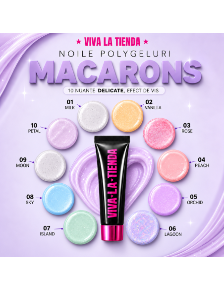 Polygel Viva La Tienda – MACARONS 10 15ml Petal – roz cu sclipici extrafin, aderență puternică