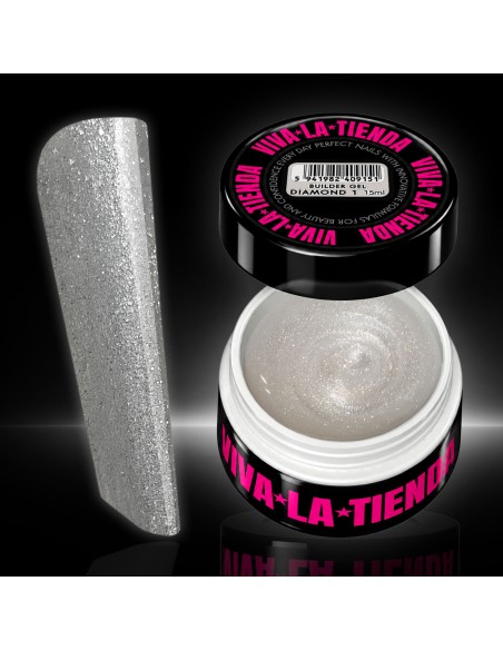 Builder Gel Viva La Tienda – Diamond 01 Dust 30ml – alb sidefat cu sclipici fin argintiu, autonivelant, pentru manichiuri artistice cu efect strălucitor