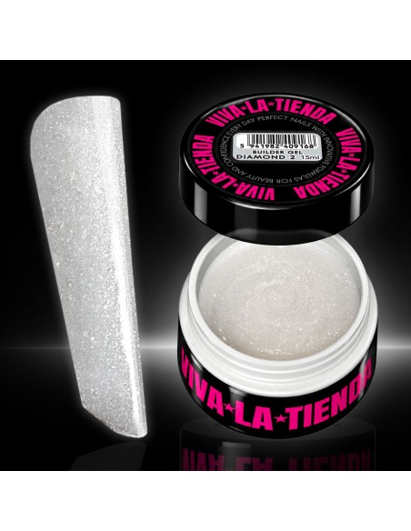 Builder Gel Viva La Tienda – Diamond 02 White 15ml – alb sidefat cu sclipici fin argintiu, autonivelant, pentru manichiuri artistice cu efect strălucitor
