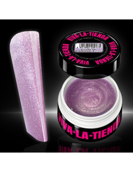 Builder Gel Viva La Tienda – Diamond 03 Lilac 30ml – lila sidefat cu sclipici fin argintiu, autonivelant, pentru manichiuri artistice cu efect strălucitor